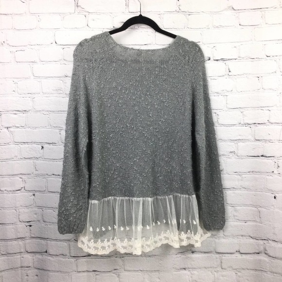 Monteau Los Angeles Grey Swiss Dot Lace Hem Boat Neck Pullover Sweater L - Picture 4 of 16